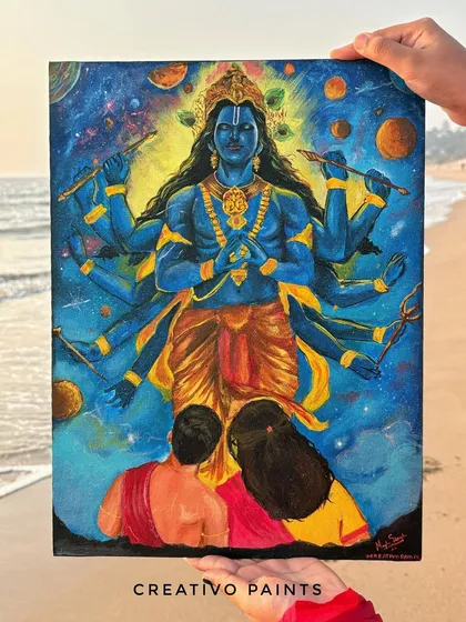 This painting of Lord Vishnu's Vamana avatar was a true labor of love. I used acrylics on canvas to capture the cosmic scale and divine energy, setting it against a beautiful beach backdrop to bring out the vibrant colors.