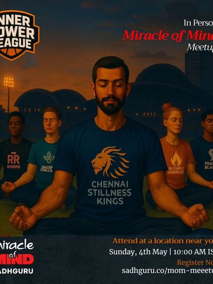 The Inner Power League wasn't just online. We organized in-person meetups across India for the community to connect, meditate together, and share in the joy of the practice. This poster announced the first-ever Miracle of Mind meetup.