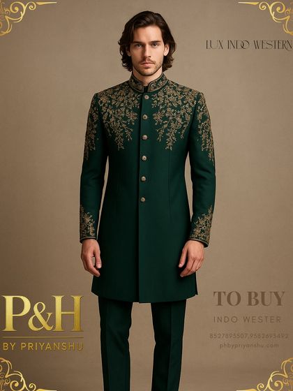 A full-length look at the dark green silk Indo-Western suit, showcasing its impeccable fit and the beautiful contrast between the deep green fabric and the golden embroidery.