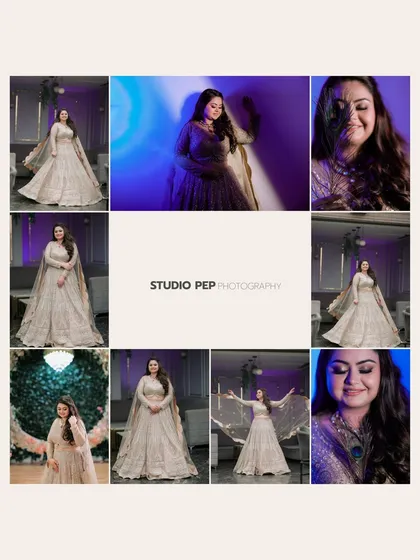 A comprehensive collage of Ishita's solo portraits, mixing classic poses with creative shots using blue lighting.
