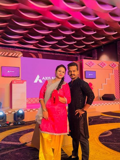 A photo with my partner Kundan before our show for Axis Bank in Ludhiana. We always dress to match the occasion and the client's culture.
