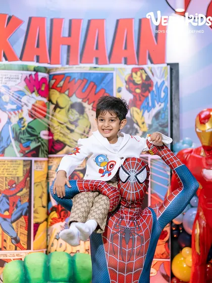 When your birthday hero meets his hero. This custom Avengers-themed jacket, complete with his initial, made his superhero-themed party even more special.