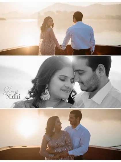 A collage of Shiva and Nidhi's romantic moments at Jal Mahal during the golden hour, including a beautiful black-and-white close-up.