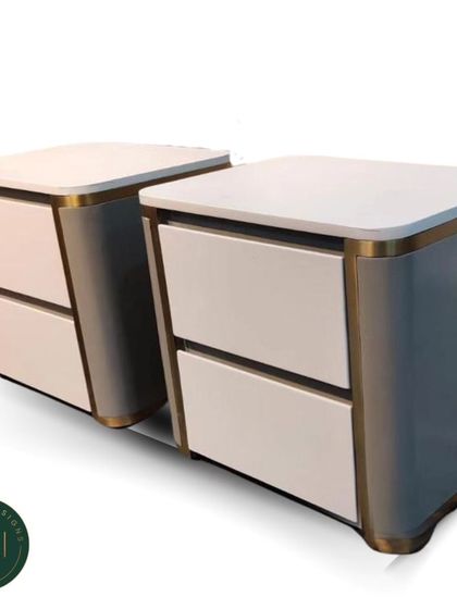 A studio shot of the modern nightstands, emphasizing their clean lines and sophisticated two-tone appearance.