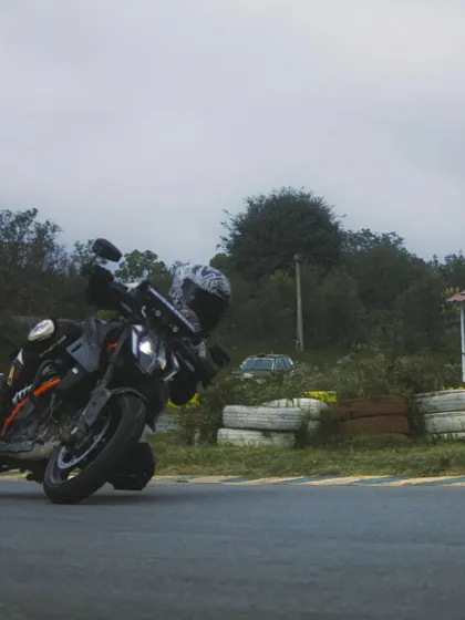 A rider on a KTM Duke 390 carves through a corner on our track. We welcome a wide variety of bikes, allowing you to learn the limits of your own machine in a safe environment.