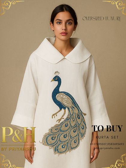 A close-up of the white linen kurta, focusing on the stunning hand-embroidered peacock in shades of blue and gold.