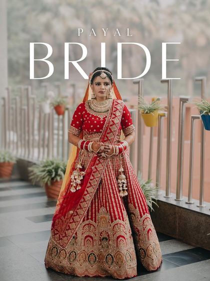A classic, full-length bridal portrait of Payal, her name elegantly overlaid, capturing her in all her bridal glory.