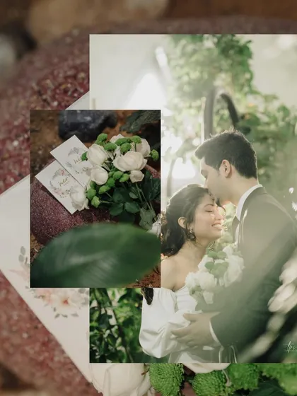 An artistic collage capturing the essence of Charlene and Dexter's elopement in Dubai. It blends a portrait of the couple with details like their vows and the floral bouquet.
