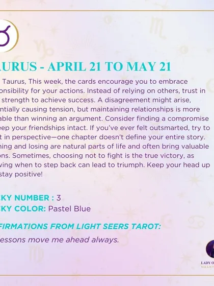 This week's tarot guidance for Taurus. The cards encourage you to embrace responsibility for your actions. Maintaining relationships is more valuable than winning an argument.
