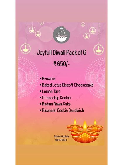 The menu for my "Joyfull Diwali Pack of 6". This hamper is all about variety, offering a taste of my best fusion and classic desserts in one box.