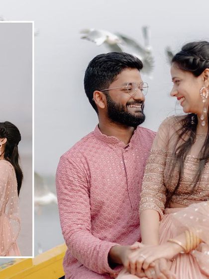 A collage from their serene shoot at Yamuna Ghat. The soft light and their coordinated pastel outfits create a peaceful and romantic atmosphere.