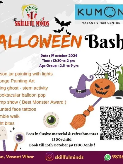 Announcing our Halloween Bash in collaboration with Kumon, Vasant Vihar. This poster outlines a spooktacular event with mason jar painting, a flying ghost STEM activity, and a "Best Monster" award.