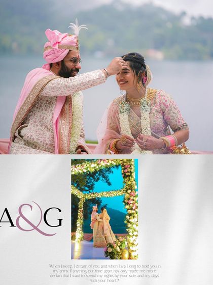 A collage from a lakeside wedding, showing the groom applying sindoor and a wide shot of their beautiful ceremony setup.