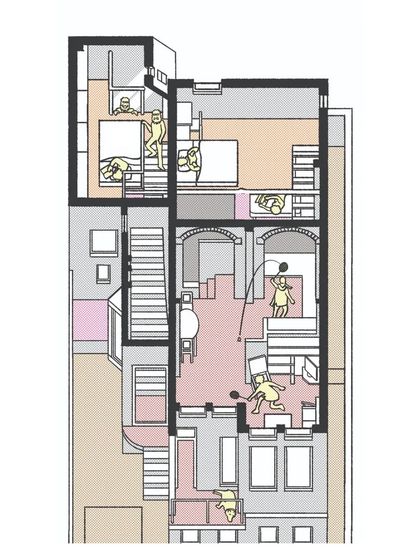 An axonometric floor plan of the Sans Souci Residence, showing how people use the multi-level spaces. This drawing visualizes the flow between the living areas and the split-level bedrooms with their mezzanines.