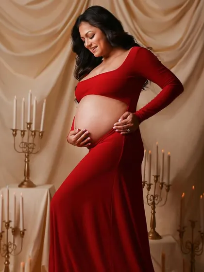 A beautiful, gentle moment from the red gown session, as she looks down lovingly at her bump.