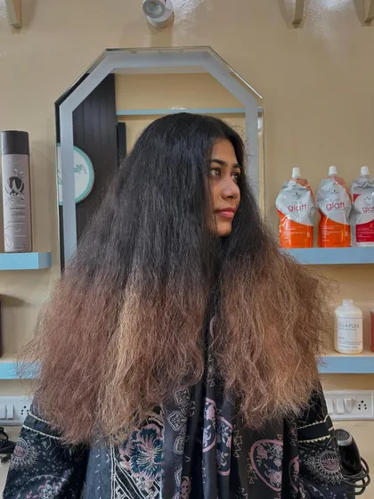 This is where we started. The hair was frizzy with previous color damage at the ends. My first step is always to assess the hair's condition to create a plan that colors and corrects.