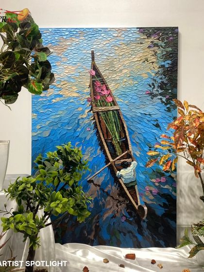 An aerial view of a boat filled with flowers by Shraddha More, her signature impasto technique making the water come alive.