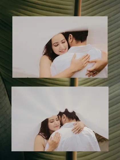 A candid moment of embrace during a pre-wedding shoot. We find serene natural spots where couples can feel comfortable and connected, resulting in authentic and intimate portraits.