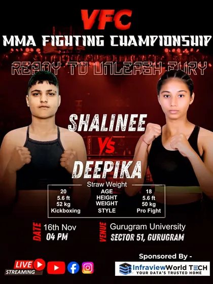 The official fight poster for the VFC MMA Fighting Championship, featuring my fighter Deepika. We train athletes to compete at a high level.
