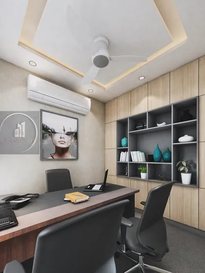 This 3D design showcases a modern executive cabin concept. We focus on creating a balance of professionalism and comfort, incorporating features like custom wood-paneled storage, integrated lighting, and ergonomic furniture for a productive workspace.