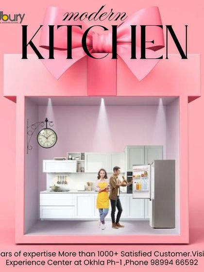 This graphic playfully suggests that a modern kitchen is the perfect gift for your home. We can design a beautiful and functional space that your whole family will love.