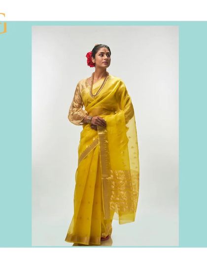 A full view of the cadmium yellow saree, a celebration of color and craftsmanship.