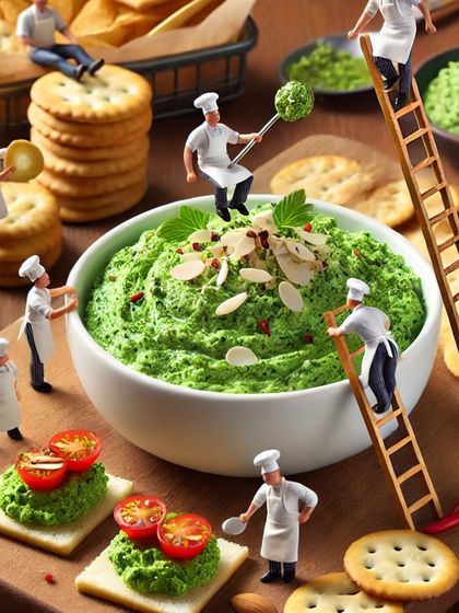 A team of tiny chefs preparing a large bowl of my fresh green dip, ensuring every detail is perfect.