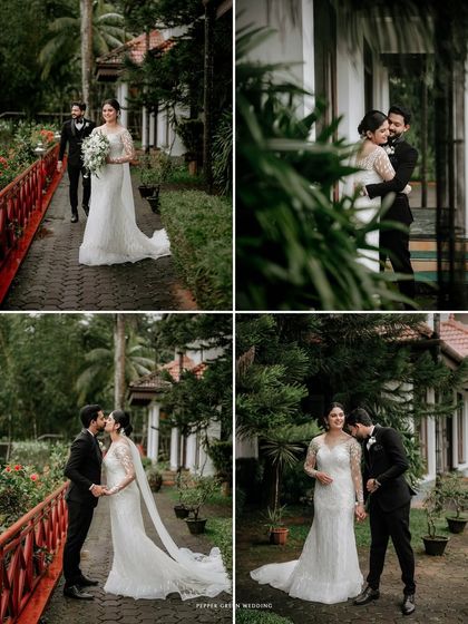 A collage of romantic moments from a Christian wedding in a lush garden setting, from the first look to stolen kisses.