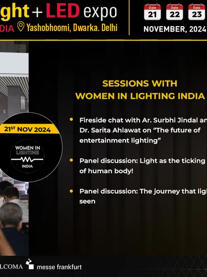 This promotional graphic summarizes the sessions we host with Women in Lighting India. From fireside chats on entertainment lighting to panels on human biology, we cover a wide spectrum of fascinating subjects.