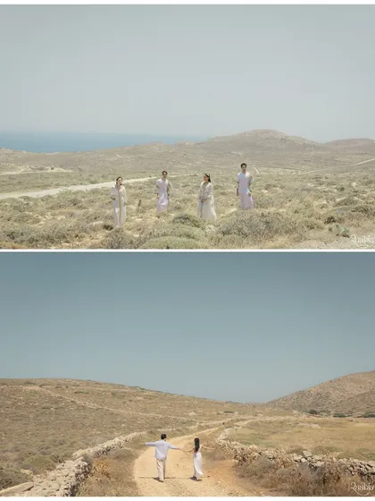 The vast, minimalist landscape of Folegandros, Greece, creates a stunning canvas for these portraits. The diptych shows both a family portrait and a romantic walk, highlighting the versatility of the location.