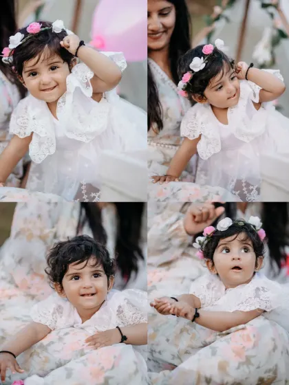 A collage of expressions from a delightful toddler during her outdoor photoshoot. From a curious glance to a shy smile, these multiple frames tell a fuller story of her personality, something I love to capture in my children's photography.