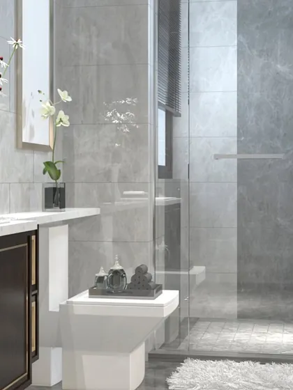 This view shows the complete bathroom setting, featuring a dark wood vanity that provides a rich contrast against the light grey wall and floor tiles. The design demonstrates how my custom furniture integrates perfectly within the overall interior design.