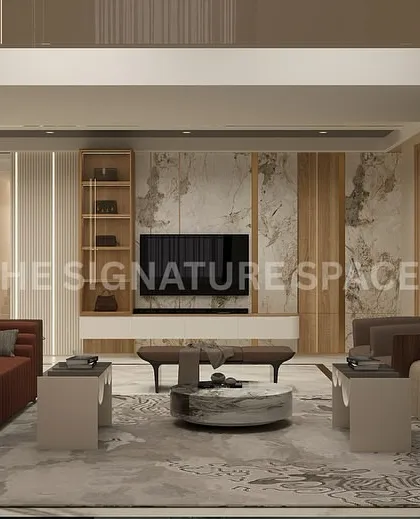 In this space, we executed the installation of a large-format marble-finish wall panel for the TV unit and a custom-built shelving niche. Our process guarantees that heavy materials are mounted securely and finished perfectly.