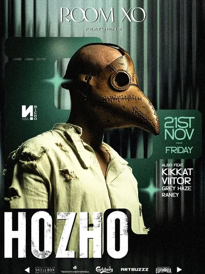 A poster for a night of 'Melodark' techno featuring Hozho, known for his plague doctor mask.