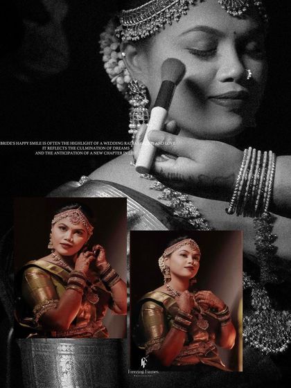 A black and white collage showing the bride getting her makeup done, capturing the final touches before the ceremony.