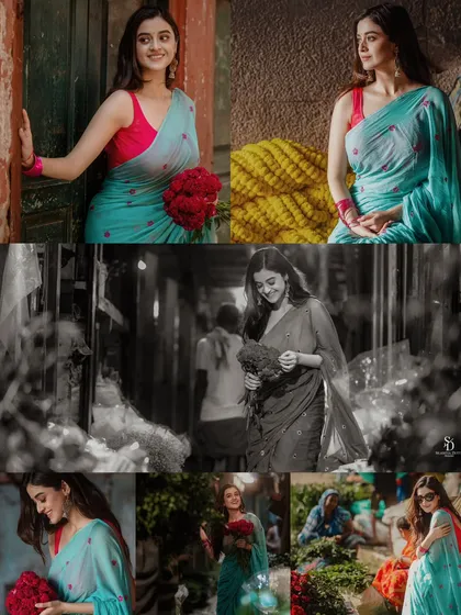 A collage from a campaign for AVA India, showing a model in a light blue saree at a bustling Kolkata flower market. It tells a story of everyday beauty and urban life.