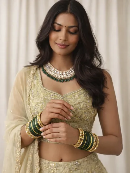 A beautiful close-up showing the intricate embroidery on the blouse and the matching green and white jewellery set. This highlights how you can get a complete, coordinated look.