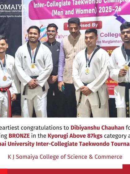 Dibiyanshu Chauhan on the podium after winning a bronze medal in the Kyorugi Above 87kgs category at the inter-collegiate taekwondo tournament.