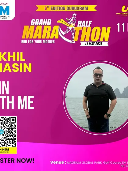 A promotional poster for the Grand Half Marathon, featuring one of our members. We are excited for his first 21k.