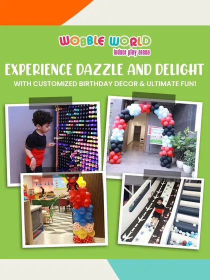 A collage showing our custom birthday decor and the fun activities that go with it. You can see our light-up peg wall, balloon arches, and play areas.