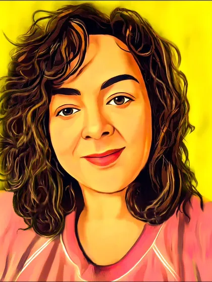 A stylized version of Debi's portrait with high contrast and bold outlines, giving it a comic-book or pop-art feel.