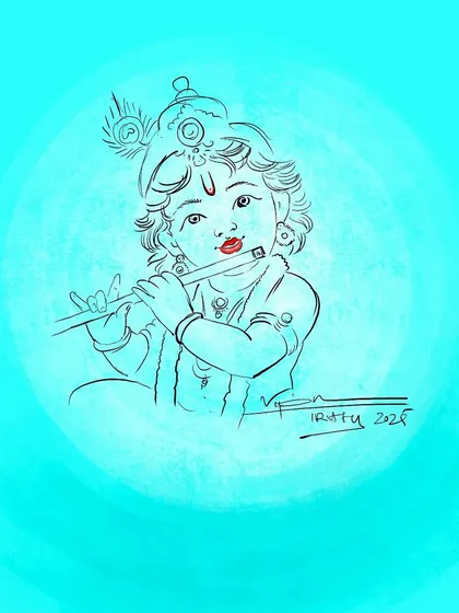 A simple digital sketch of Unnikannan, or baby Krishna, playing his flute. Sometimes an idea starts with a quick drawing like this before it becomes a full canvas painting.