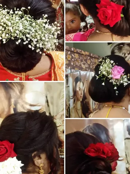 A collage showcasing various floral bun hairstyles I've created. You can see different options using baby's breath (gajra) and roses to match any outfit or occasion.
