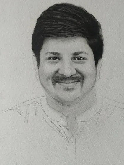 A work in progress shot of a man's portrait. The hair is fully shaded, but the rest of the face and clothing are still in the outline stage, waiting for detail.
