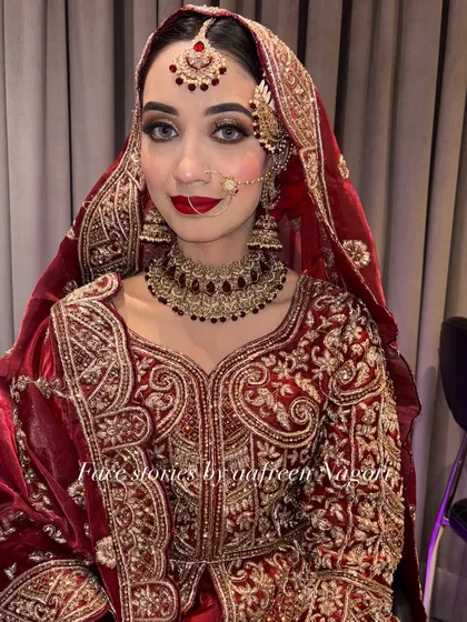 A flawless, no-filter look for my beautiful Pakistani bride. This makeup style features a classic red lip and defined eyes, a signature look that is always in demand.