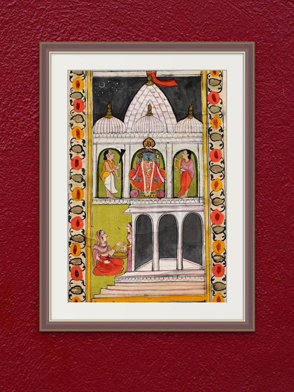 A portion of the Jain narrative scroll depicting a Mahavir Temple. The intricate detail and use of natural pigments are characteristic of late 18th-century Rajasthani miniature painting.