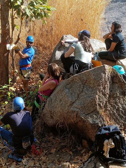 We love to teach, and teach right. Scenes from our Anchoring and Exit Strategies workshop, where participants get hands-on practice with building secure anchors and learning how to safely exit routes.