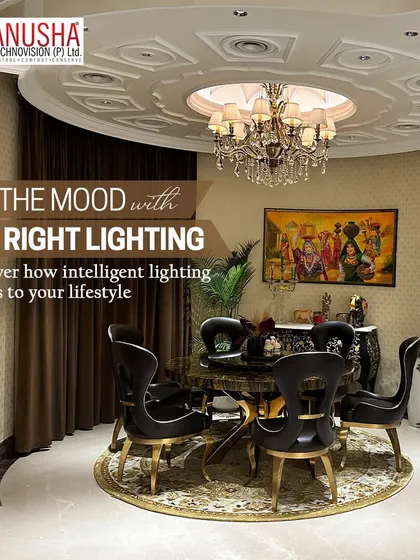 Set the right mood for any occasion, from an intimate dinner to a lively gathering. This dining room uses intelligent lighting that adapts to your lifestyle, with customizable scenes that create the perfect atmosphere every time.