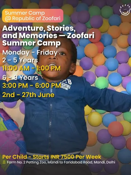 A poster for the Zoofari Summer Camp, showing a child having a blast in a ball pit.