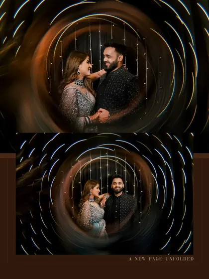 An artistic portrait using a spiral light effect to create a vortex around the couple, symbolizing them as the center of their own universe.